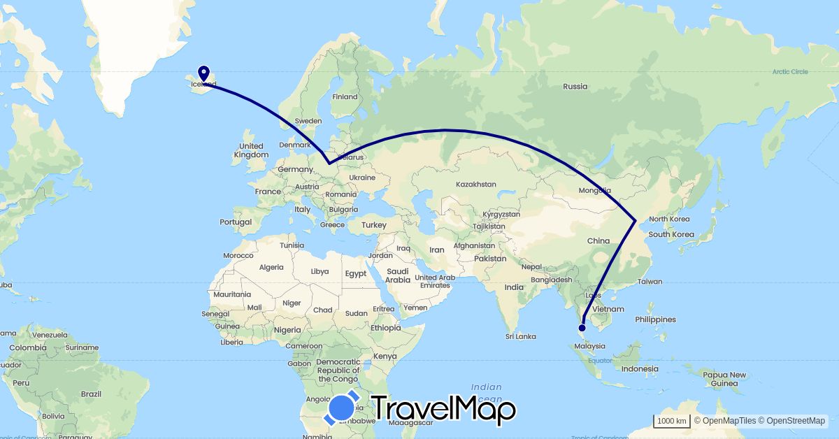TravelMap itinerary: driving in China, Iceland, Poland, Thailand (Asia, Europe)